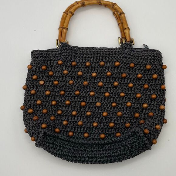 Crochet Handbag Black Beaded Bamboo Handle Boho Purse Zip Top Retro Bag Artisan - Picture 1 of 6